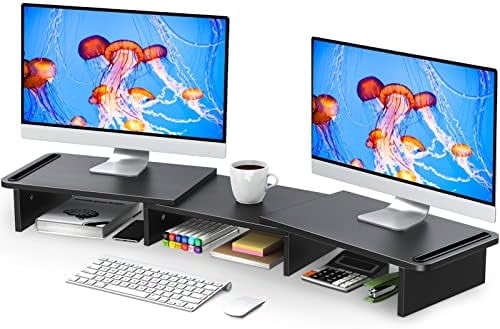 Dual Monitor Stand Riser, Monitor Stand with Adjustable Length and Angle, Wood Monitor Stand for Desk, Monitor Riser for 2 Monitors with Sto