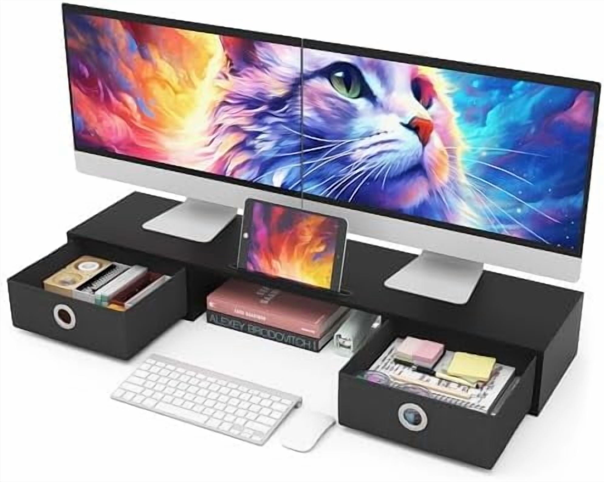 Dual Monitor Stand Riser with Two Drawers, Extra Large Storage Monitor Stand for 2 Monitors, Desktop Oraganizer Stand...