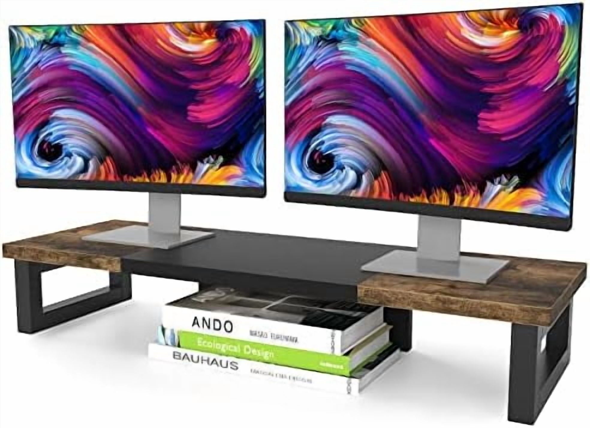 Dual Monitor Stand Riser, Wood and Steel Multi-Purpose Desktop Storage Stand for 2 Monitors for Computer, Laptop, Pri...