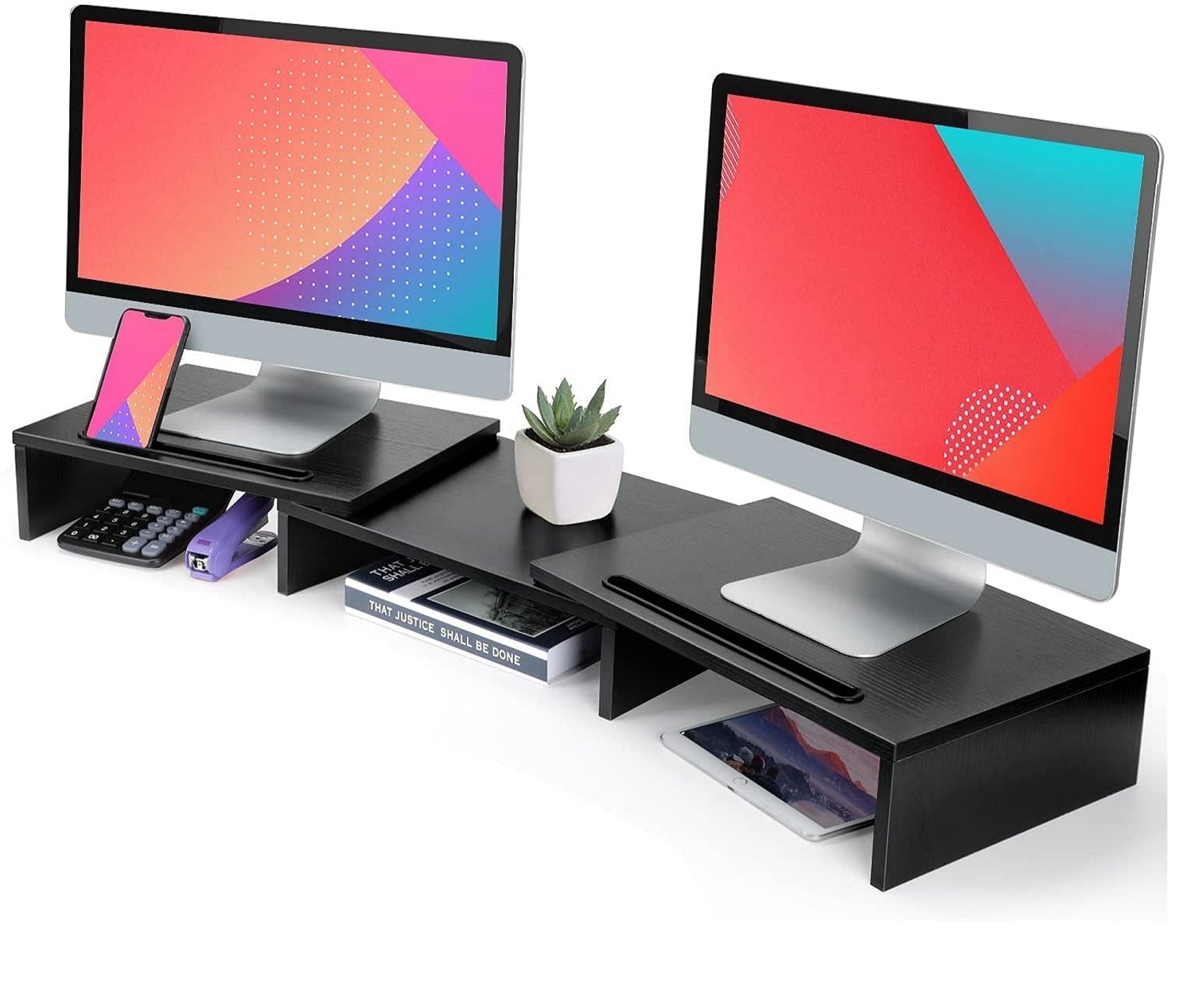 Dual Monitor Stand Riser with Adjustable Length & Angle, Multifunctional Double Monitor Riser with 2 Slot for PC, Com...