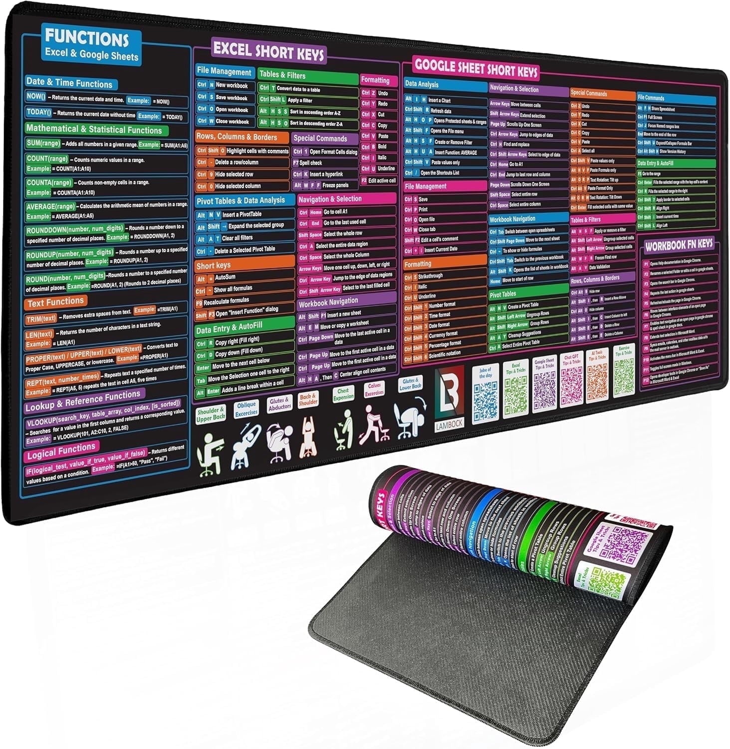 Lambock Excel Cheat Sheet Desk Pad & Mouse Pad 16 x 32 Excell Formulas Shortcut Mat for Keyboard and Mouse Neoprene XXL Desk Mat for Desktop