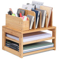 Bamboo Desk Organizer with File Holder & Adjustable Pen Holding, 3-Tier Desktop Letter Paper Tray Storage