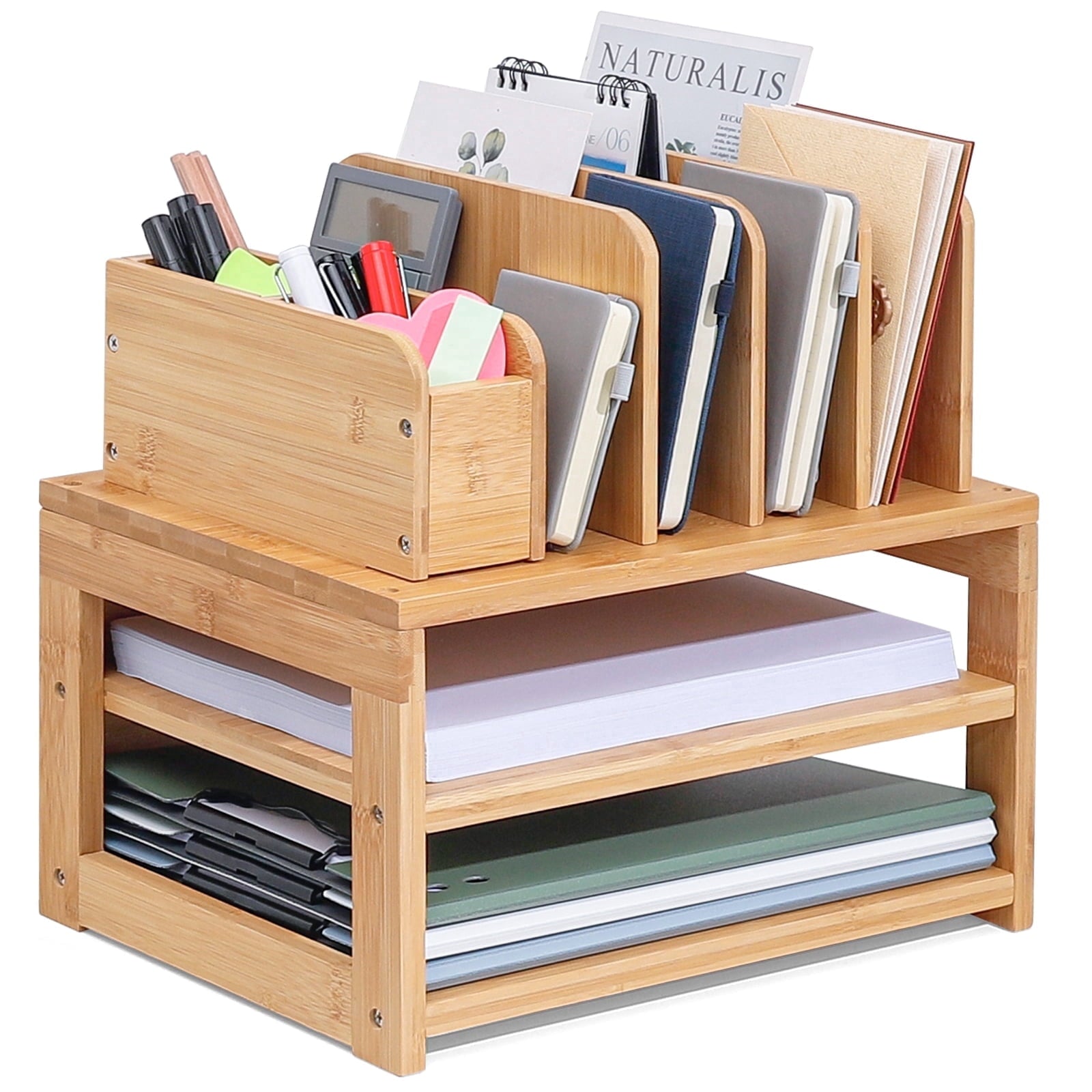 Bamboo Desk Organizer with File Holder & Adjustable Pen Holding, 3-Tier Desktop Letter Paper Tray Storage