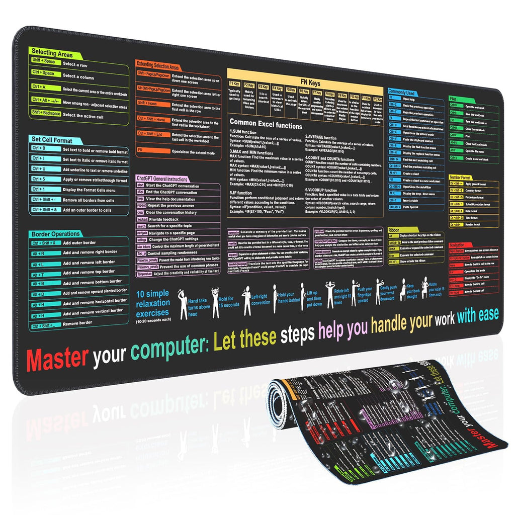 Excel Cheat Sheet Desk Mat, Large XL Waterproof Keyboard and Mouse Pad with Excel Shortcuts, Gaming Accessories for Computer Desk, 31.511.8