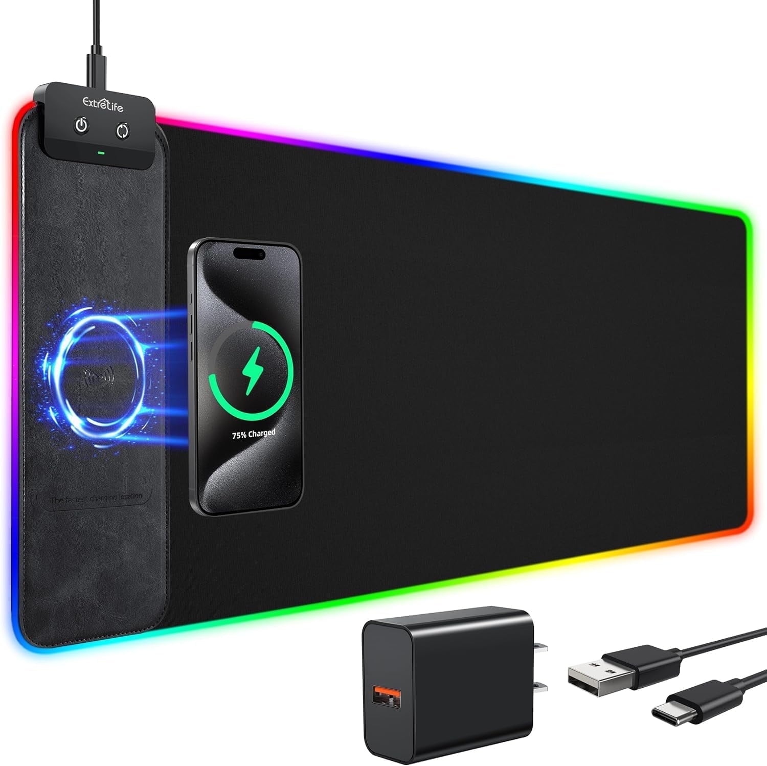 RGB Gaming Mouse Pad with Wireless Chargeing, LED Large Desk Mat, Ultra-Smooth Surface, Non-Slip Rubber Base, Waterpr...