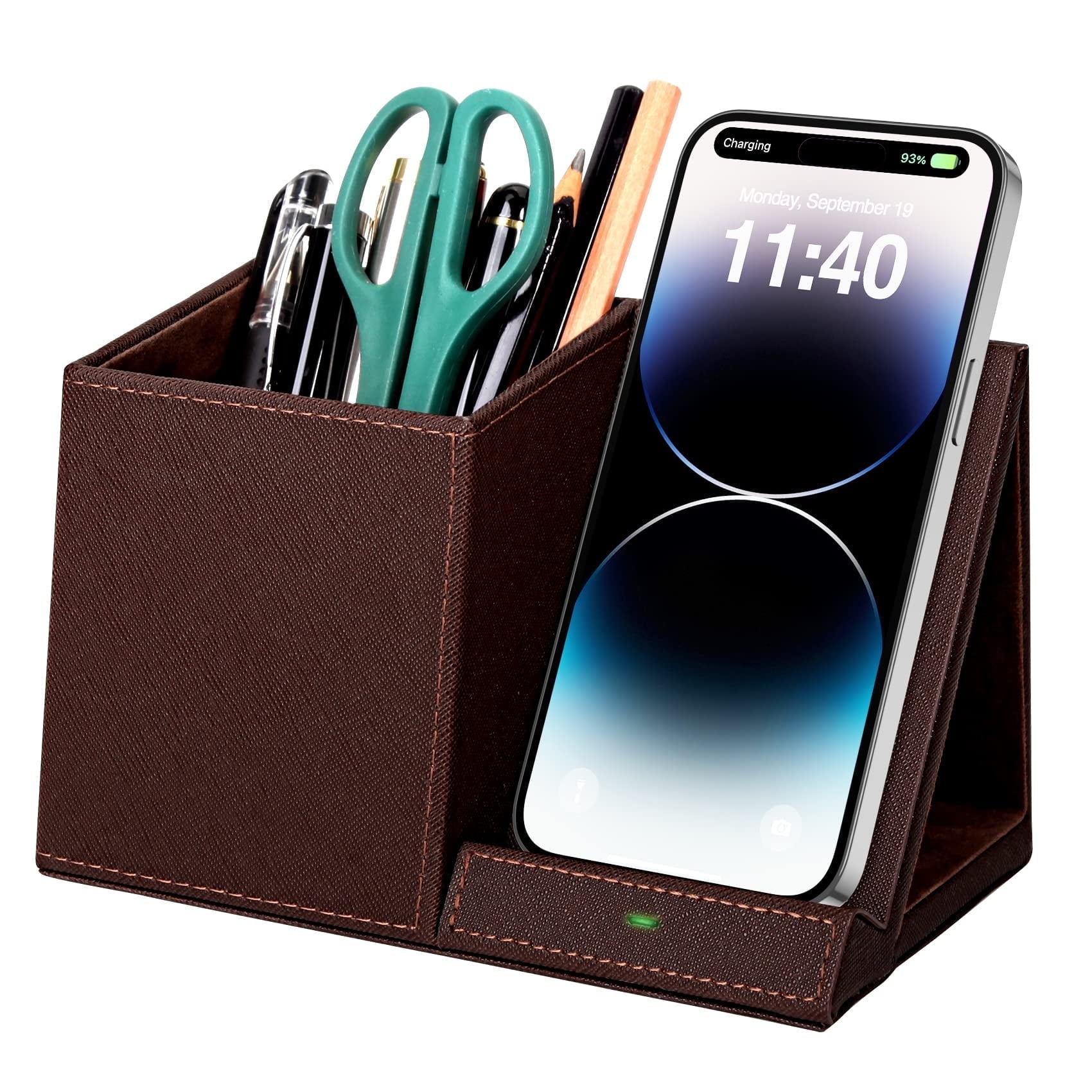 Desk Organizer with Wireless Charging for iPhone, PU Leather with Pencil Holder for Desk & Nightstand, Brown