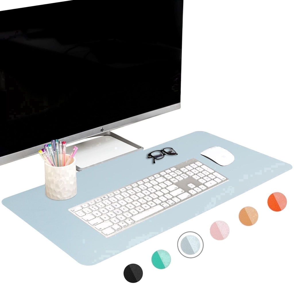 PU Leather Desk Pad, XL 31.5 x 15.75 in, Non-Slip Flannelette Base, Stitched Desk Mat, Smokey Blue