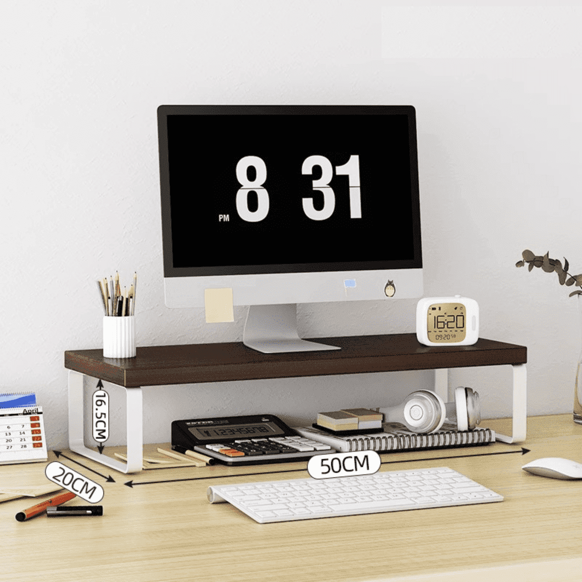 20 Inch Monitor Stand Riser, Computer Monitor Stand for Office Computer, Laptop, Small Printer, Walnut/White Desk