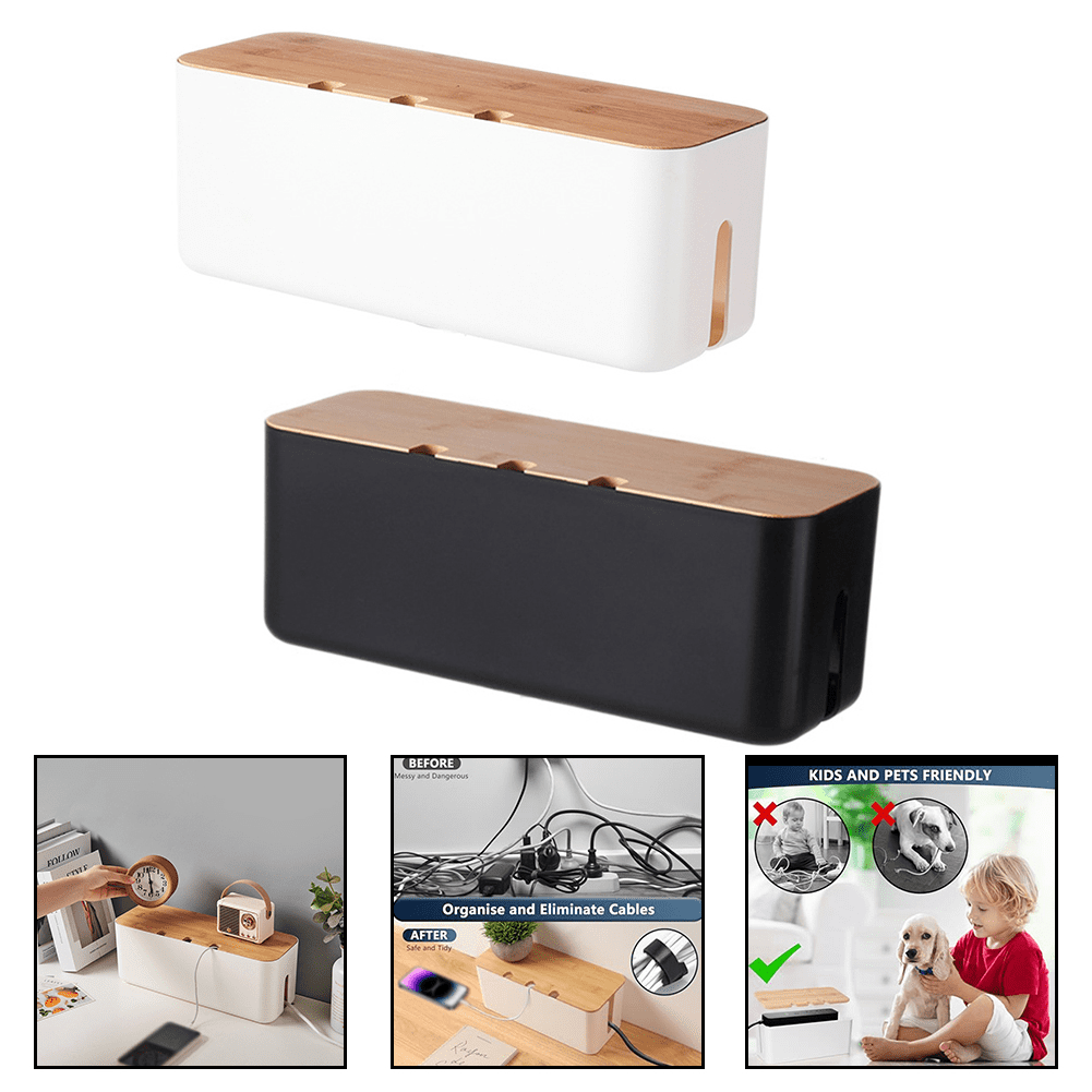 White Cable Management Box, 11.8x4.5 inches, Wood Lid, Cord Organizer for Desk TV Computer USB Hub System to Cover an...