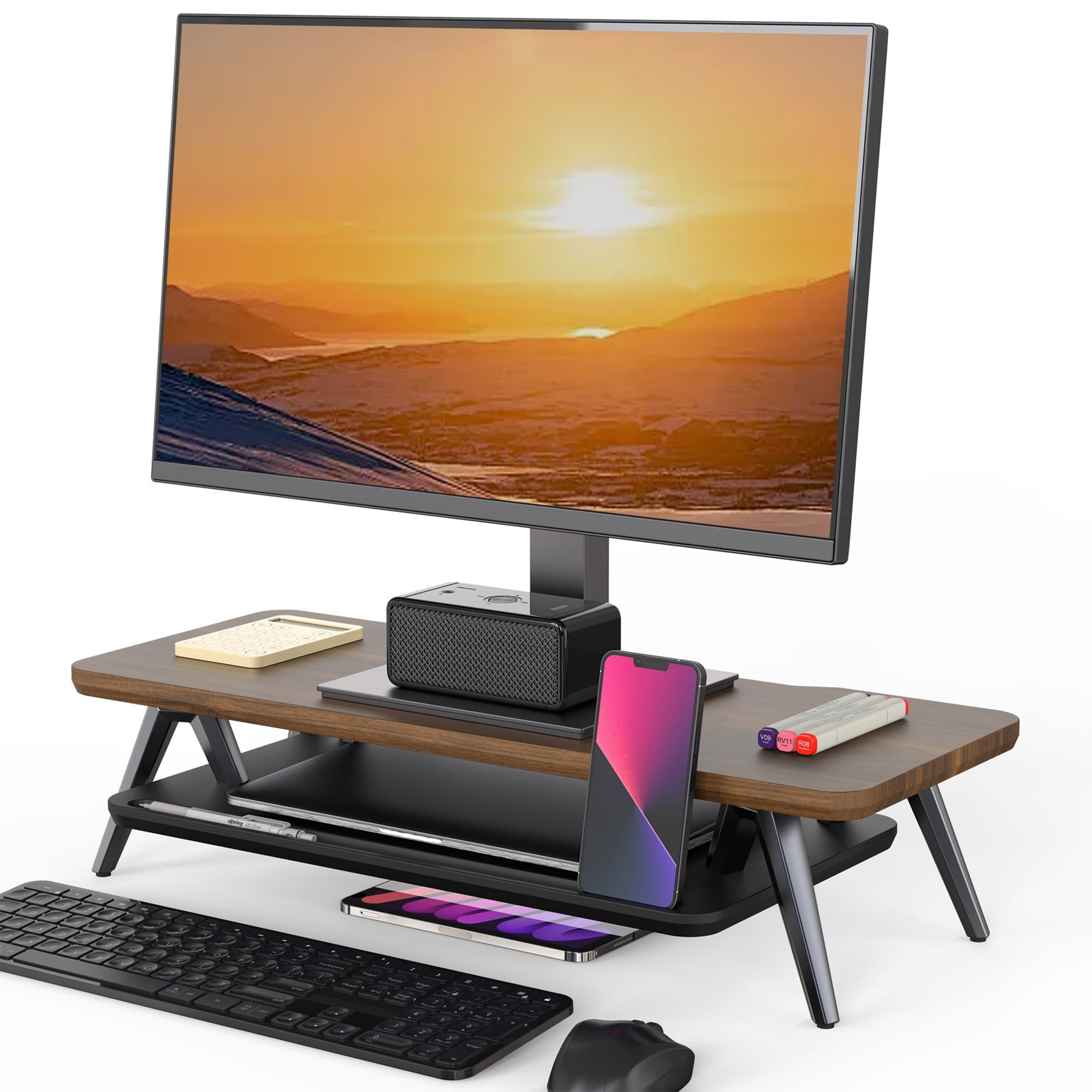 Monitor Stand, 2 Tiers Monitor Stands Riser, 23.6 Inch Computer Monitor Riser with Storage Organizer