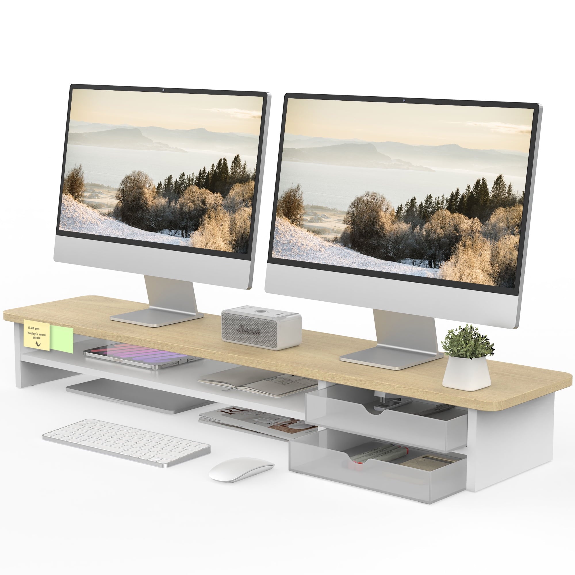 Fenge Monitor Stand, Dual Monitor Riser, 42.5inch Large Desk Computer Monitor Stand Riser with Drawer