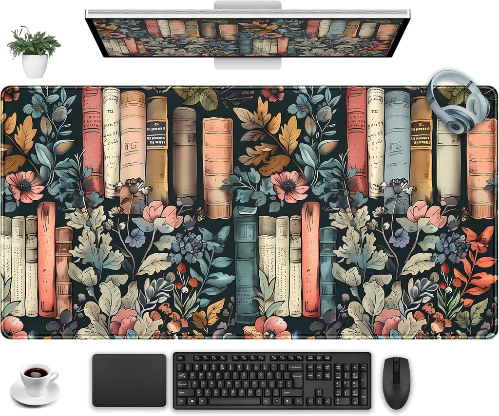 Floral Books Desk Mat Reading Desk Pad Mouse Mat XXL, Colorful Mouse Keyboard Pad Flower Bookshelf Desktop Mat, Long Computer Mats Aesthetic