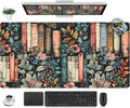 Floral Books Desk Mat Reading Desk Pad Mouse Mat XXL, Colorful Mouse Keyboard Pad Flower Bookshelf Desktop Mat, Long Computer Mats Aesthetic