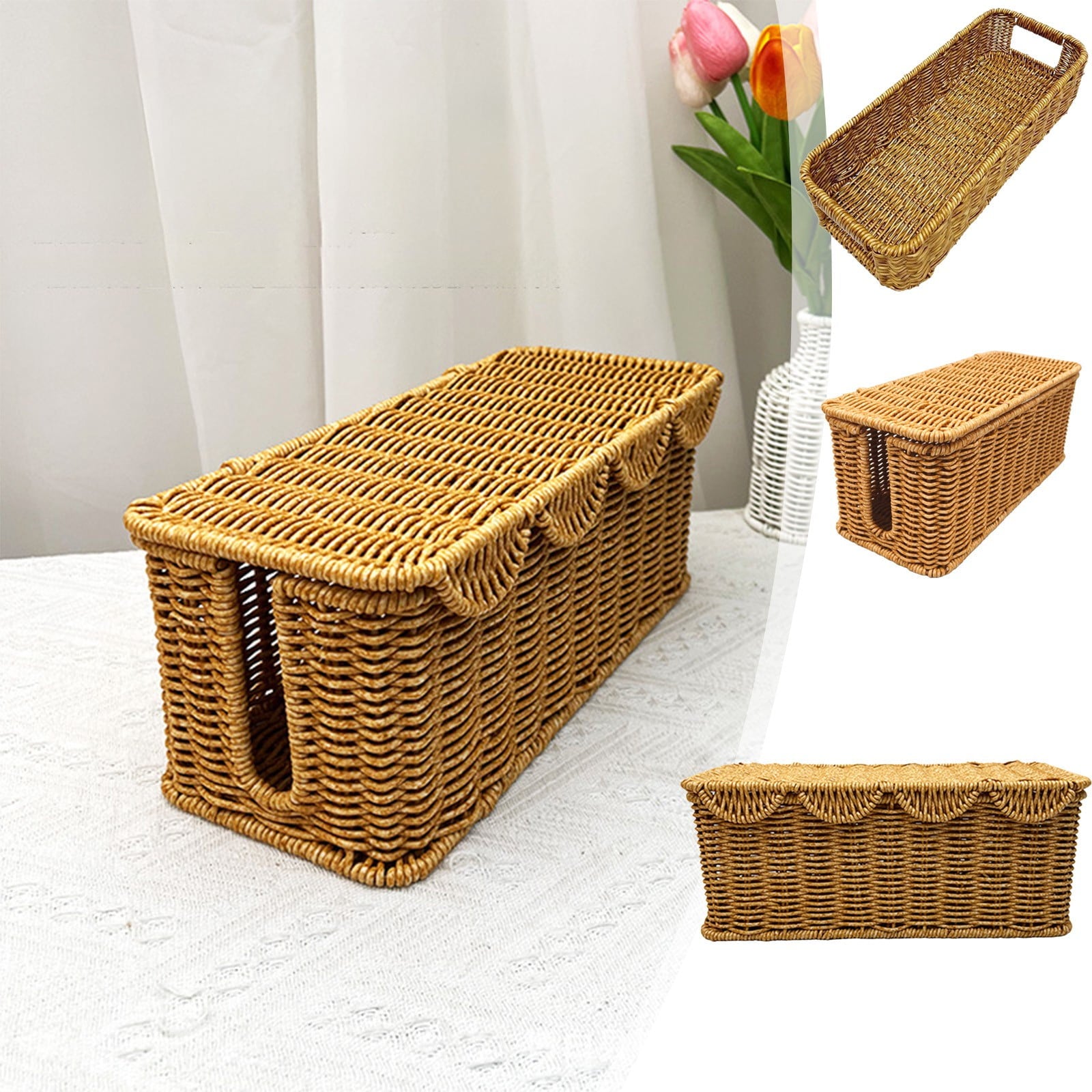 Fufafayo under $5 Handmade Cable Management Box, Imitation Rattan Cord Organizer Cord Hider Box, Desk Cord Management Box to Hide Cords and