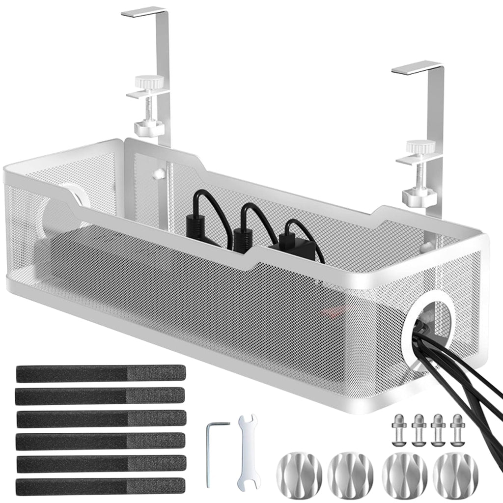Under Desk Cable Management, Wire Organizer Box with Clamp No Drill for Office, Home(White)