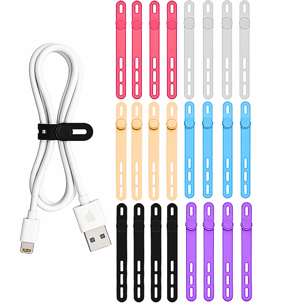 Reusable Silicone Cable Ties Pack of 24 Adjustable Cord Organizer Straps, Flexible Wire Management Bands, Multi-Color...