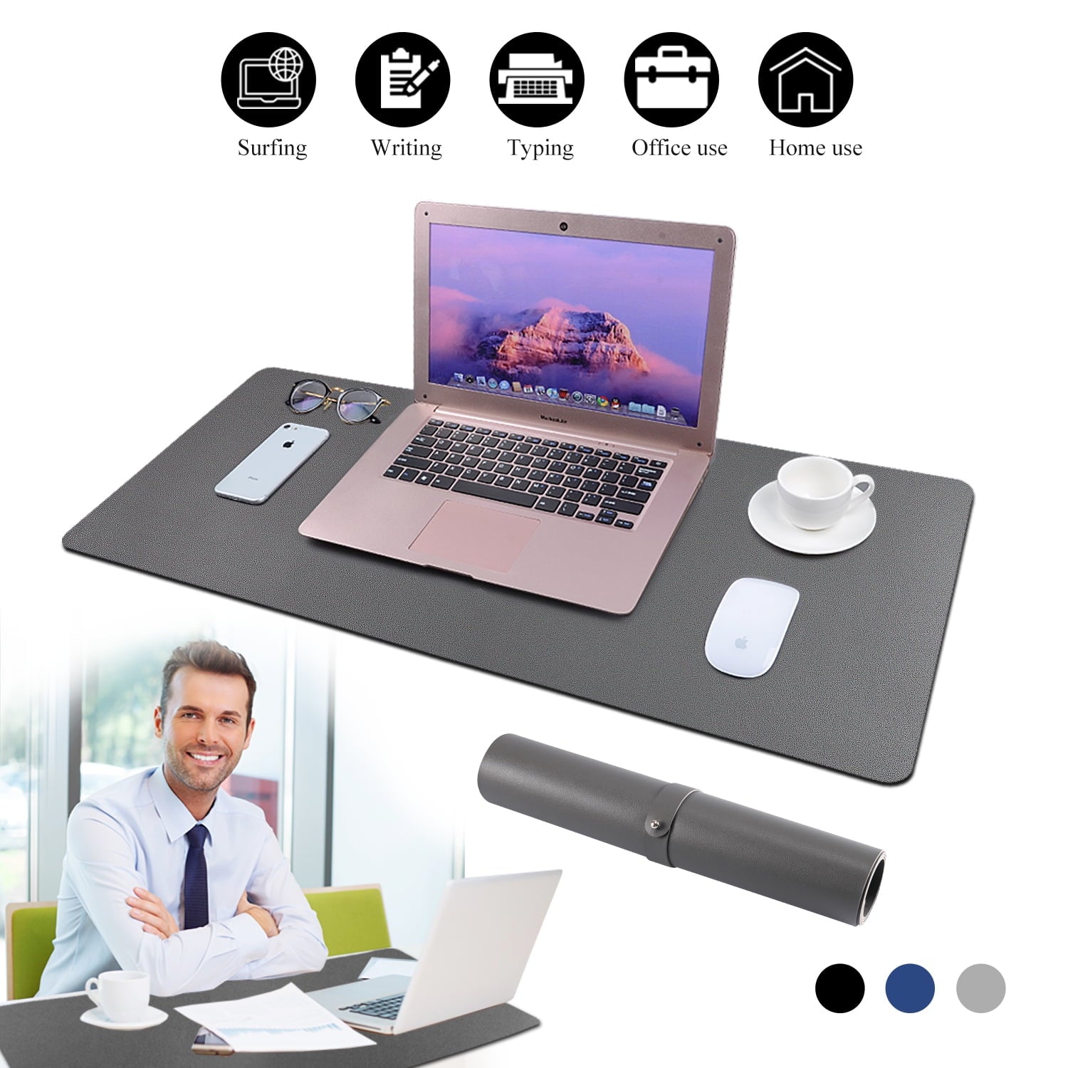 Gray Desk Pad Mat,Large Mouse pad,PU Leather Waterproof Non Slip Desktop Mat  ONLVAN