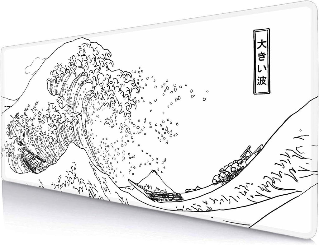 Great Wave XL Gaming Mouse Pad, White Minimalist Japanese Desk Mat, Cute Gamer Aesthetic Mousepad, Extended Mousepad, Non-Slip Rubber Base L