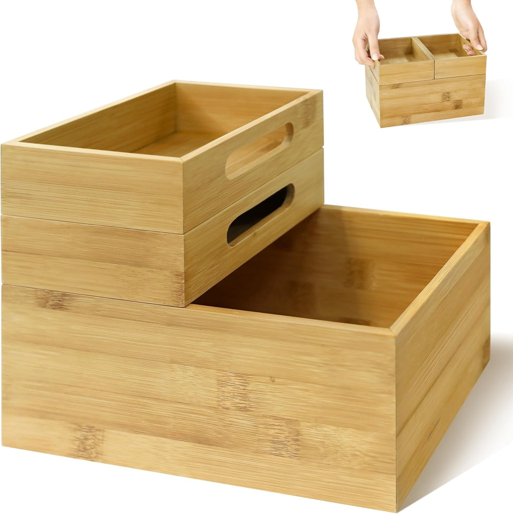 3-Piece Stackable Bamboo Storage Box, Office Desk Organizer, Wooden Boxes for Makeup Drawer Organizer Bathroom, Offic...