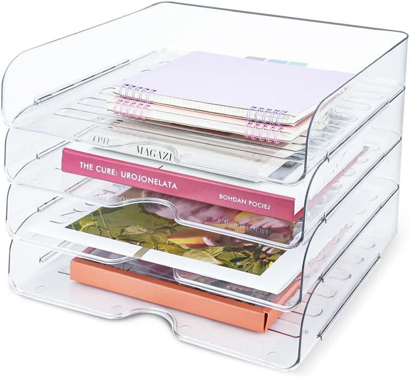IBQUEM 4 Tier Desk Letter Tray Set, Clear Stackable Document Organizer,A4 Size Acrylic Desk Organizers, Tidy File Pap...