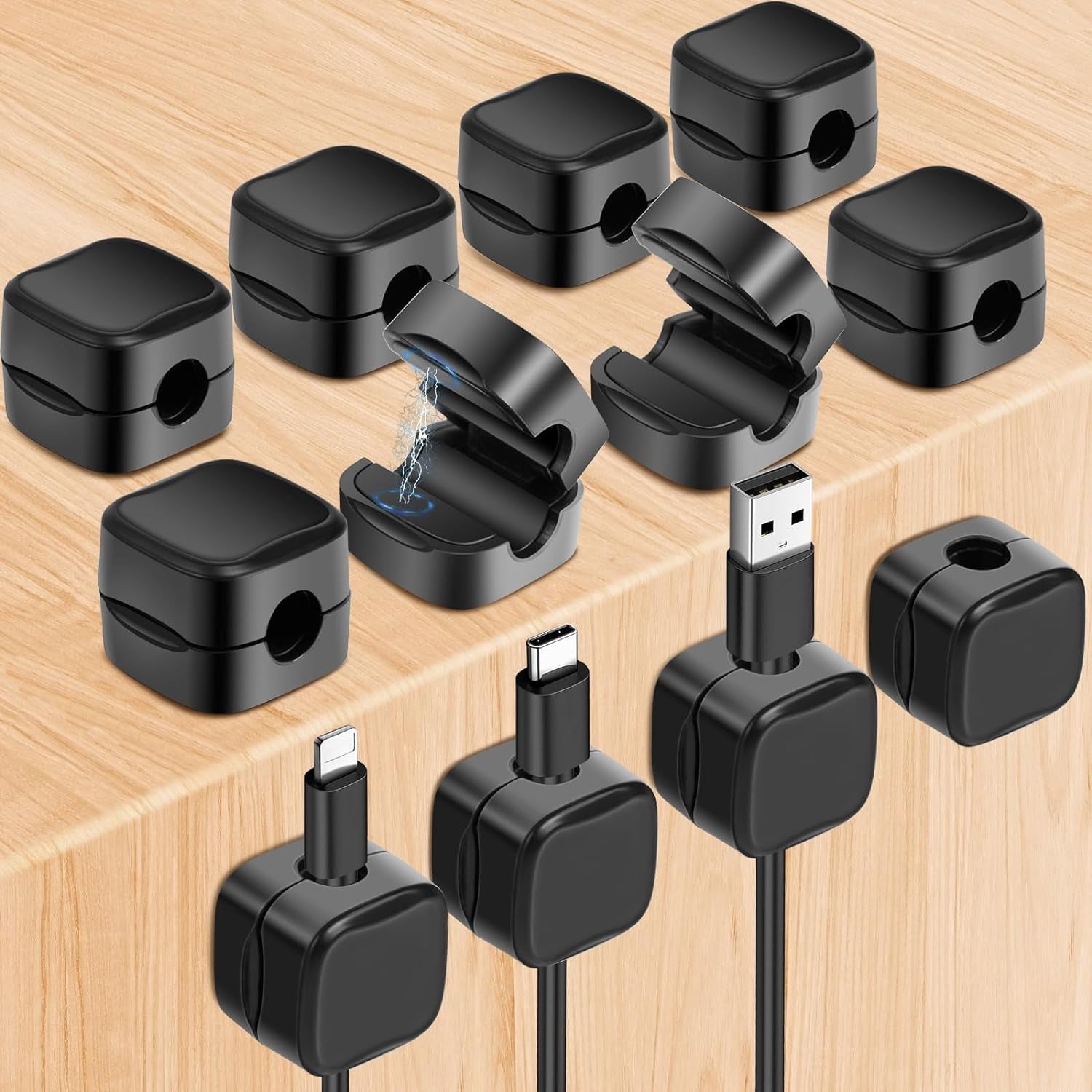 Magnetic Cable Clips Adhesive Cord Organizer, Black, 12 Pack