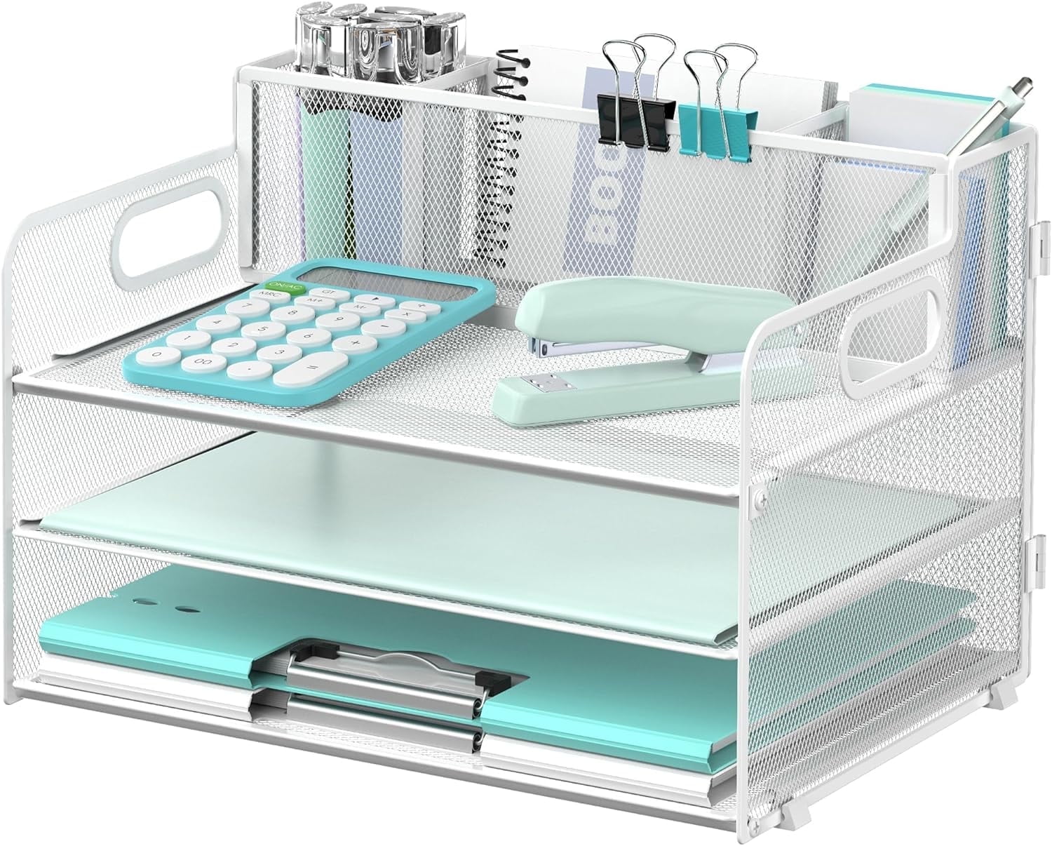 3 Letter Size Desk Organizer with Handle and 3 Pen Holders, White, 1 Piece