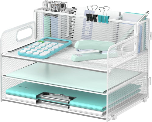 3 Letter Size Desk Organizer with Handle and 3 Pen Holders, White, 1 Piece