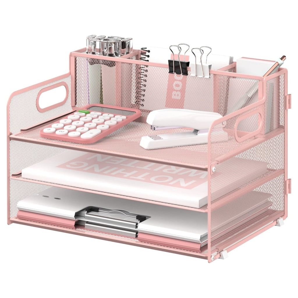 3 Metal Mesh Desk Organizer with 3 Pen Holders and Handle, Paper Organizer, Pink, 1 Pcs