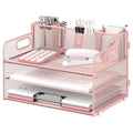 3 Metal Mesh Desk Organizer with 3 Pen Holders and Handle, Paper Organizer, Pink, 1 Pcs