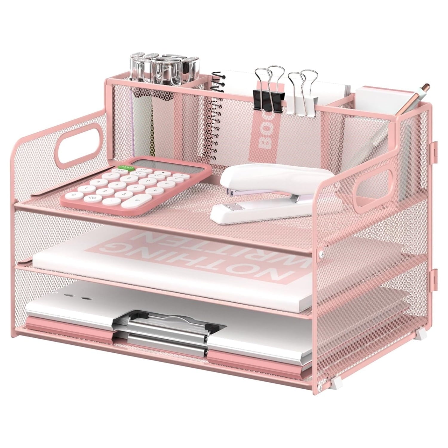 3 Metal Mesh Desk Organizer with 3 Pen Holders and Handle, Paper Organizer, Pink, 1 Pcs
