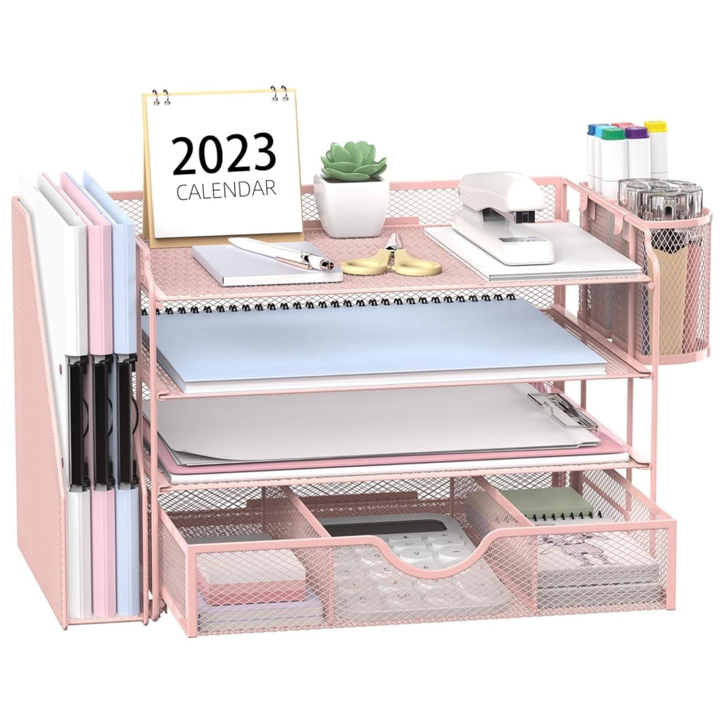 INTIGE 4-Tier Metal Desk Organizer with File Holder, 1 Drawer, 2 Pen Holders, Paper Organizer, Pink