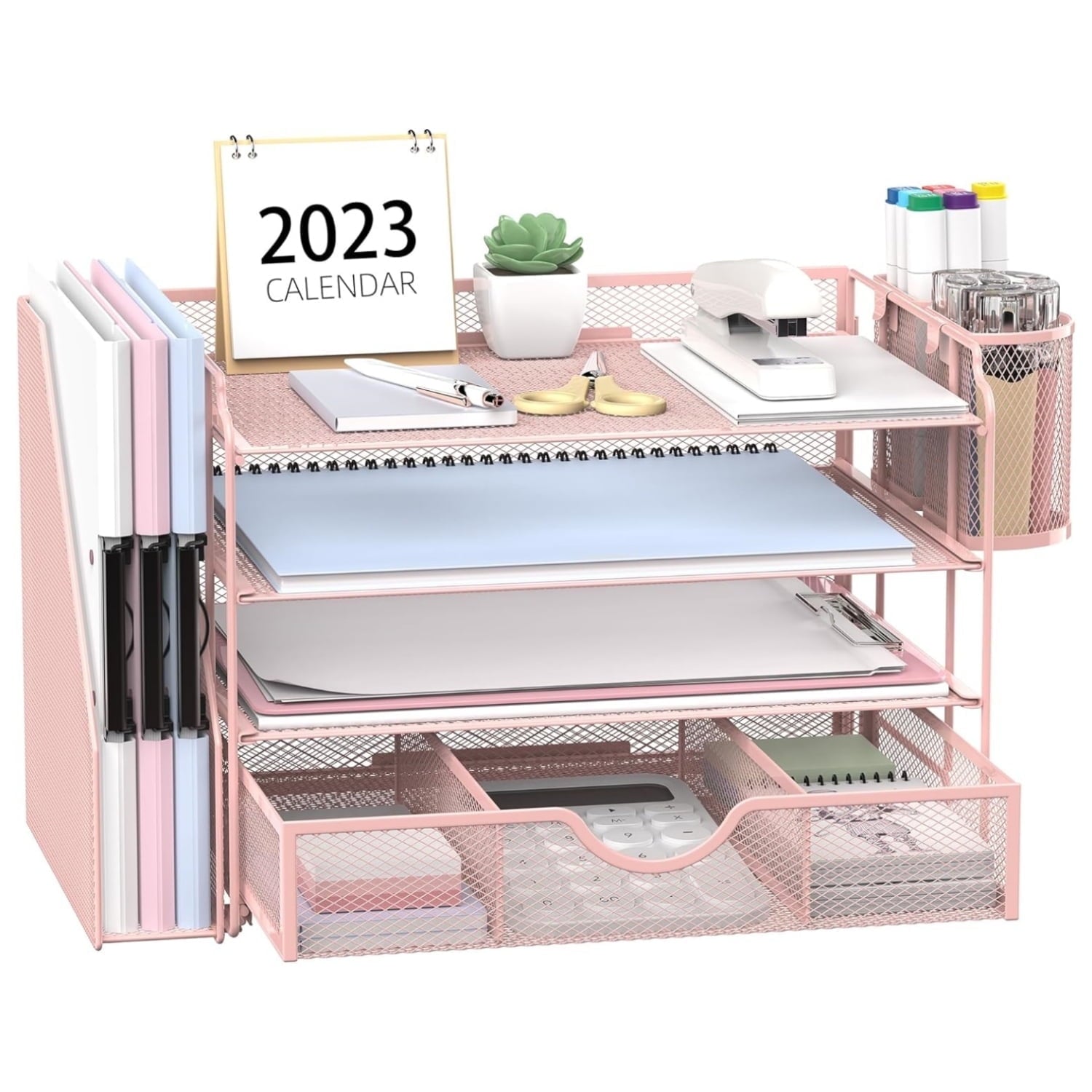 INTIGE 4-Tier Metal Desk Organizer with File Holder, 1 Drawer, 2 Pen Holders, Paper Organizer, Pink