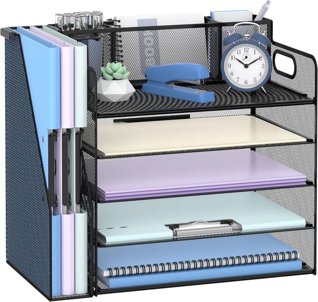 5-Tier Metal Desk File Organizer with Handle, Pen Holders and File Rack, Office supplies, Black, 1 Piece