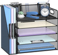 5-Tier Metal Desk File Organizer with Handle, Pen Holders and File Rack, Office supplies, Black, 1 Piece