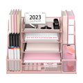 5-Tier Metal Mesh Desk Document Organizer with File Holder, Pen Holder and Drawer, Pink