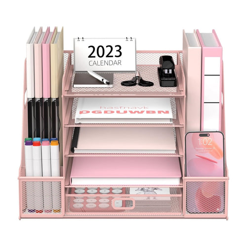 5-Tier Metal Mesh Desk Document Organizer with File Holder, Pen Holder and Drawer, Pink