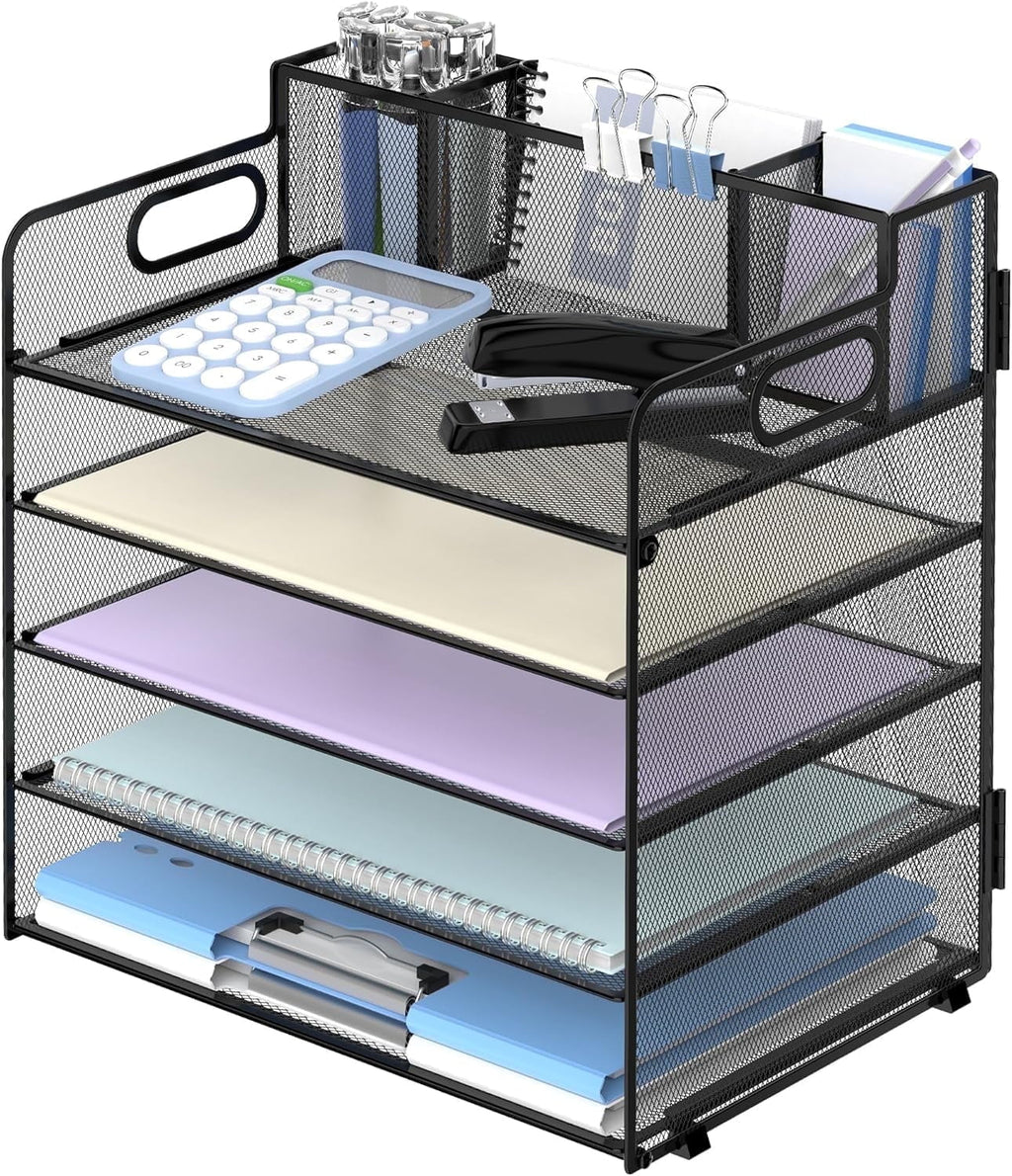 INTIGE 5 Trays Paper Organizer with 3 Pencil Holders-Letter Tray Desk Organzier with Handle (Black)