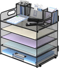 INTIGE 5 Trays Paper Organizer with 3 Pencil Holders-Letter Tray Desk Organzier with Handle (Black)