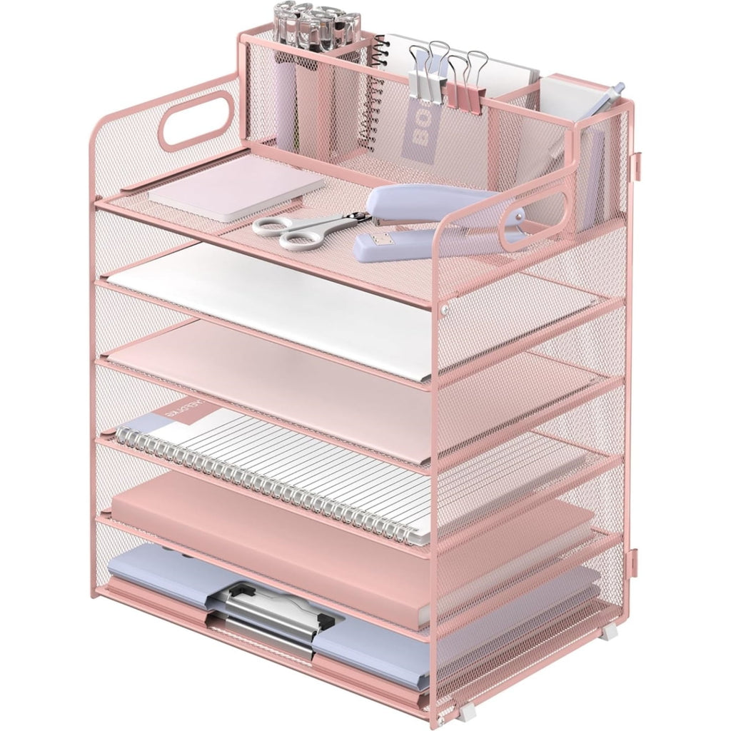 6-Tier Desk Organizer, Metal Desktop Paper Tray with 3 Pen Holders, Desktop Organizer for Home Office