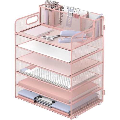 6-Tier Desk Organizer, Metal Desktop Paper Tray with 3 Pen Holders, Desktop Organizer for Home Office