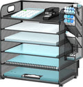 6 Tier Paper Organizer with 4 Pen Holders, Metal Mesh Desk Organizer Letter Tray with Handle, Black