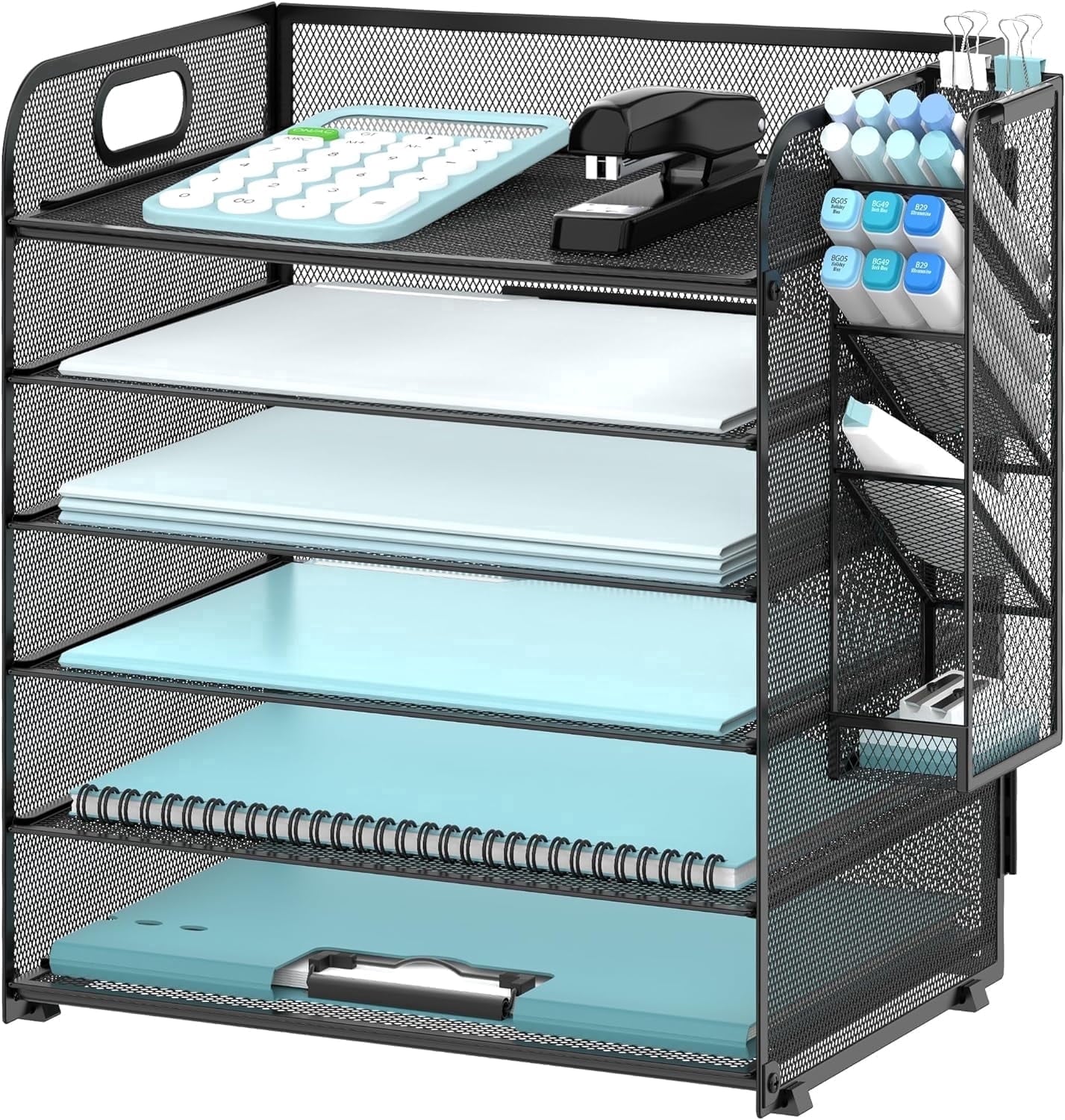6 Tier Paper Organizer with 4 Pen Holders, Metal Mesh Desk Organizer Letter Tray with Handle, Black