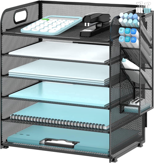 6 Tier Paper Organizer with 4 Pen Holders, Metal Mesh Desk Organizer Letter Tray with Handle, Black