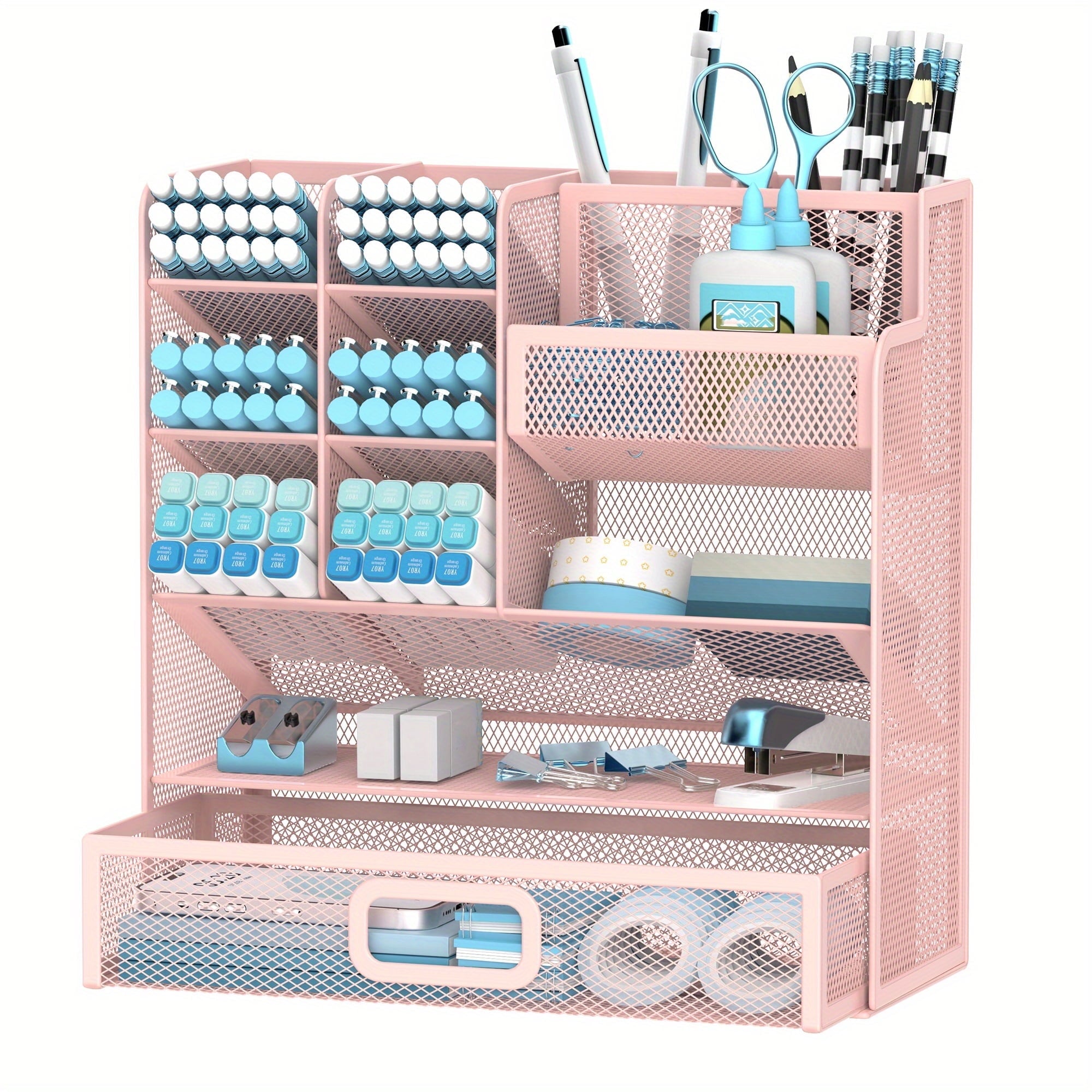 INTIGE Desktop Organizer with Drawer, Multifunctional Mesh Pen Holders and Desk Accessories for Office and Art Supplies