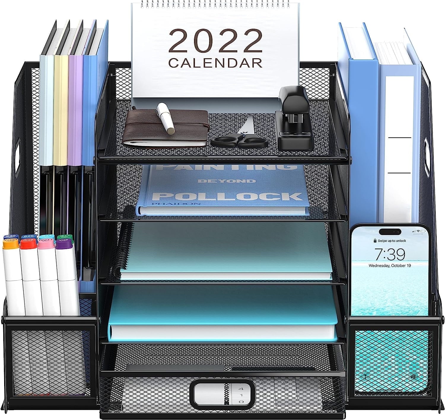 Paper 5 Compartment Mesh Desk Organizer with Drawer, Black