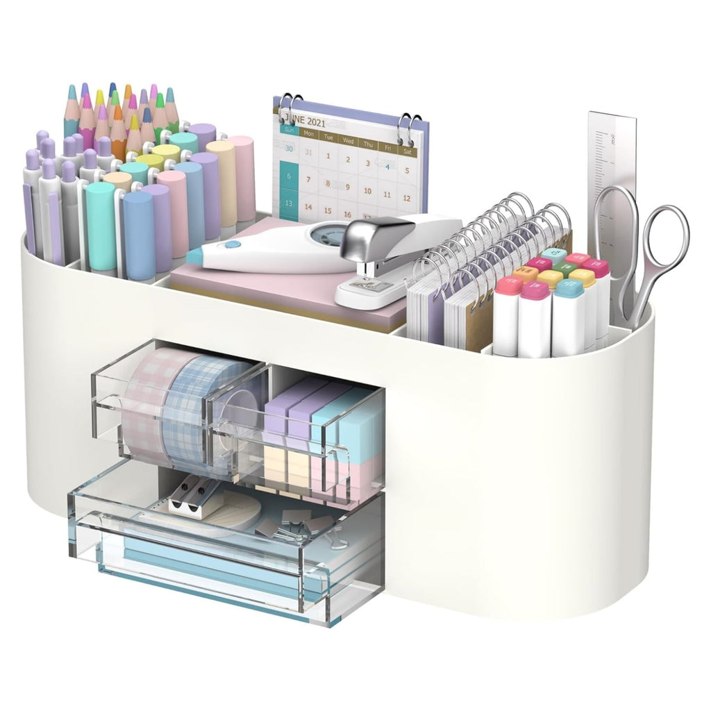 Plastic Desk Organizer with Pencil Pen Holder, 10-Compartment Pen Organizer with 3 Drawers