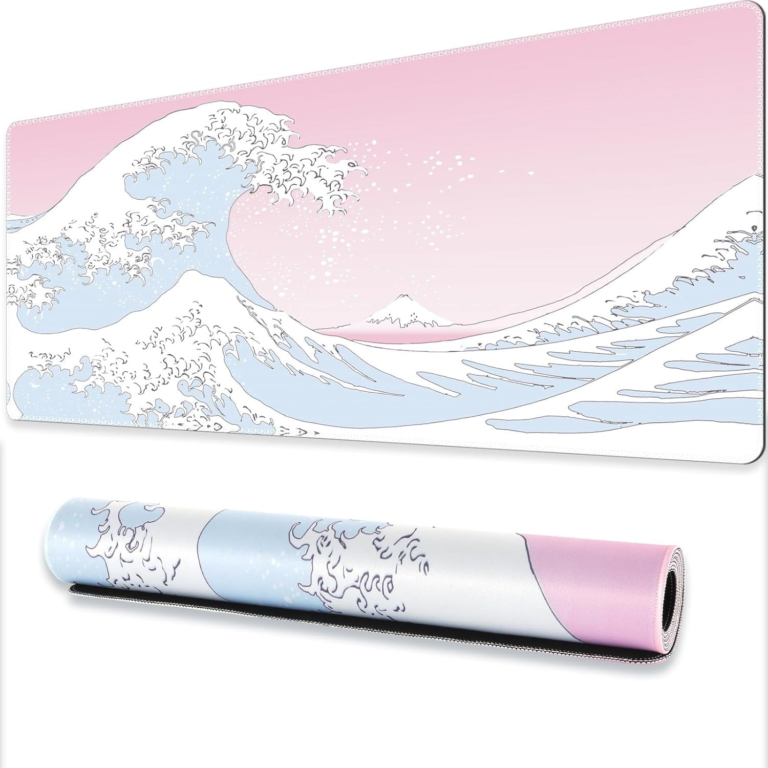 Japanese Sea Wave Large Mouse Pad, Anime Gaming Mouse Pad with Stitched Edges, Non-Slip Rubber Base, Kanagawa 35.4x15.7 Inch XXL Mouse Pad K