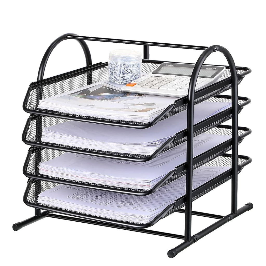 KABB Paper Organizers for Desk Mesh Letter File Tray Organizer with 4 Sliding Trays Black Stackable Desktop Document Storage Shelf Rack for
