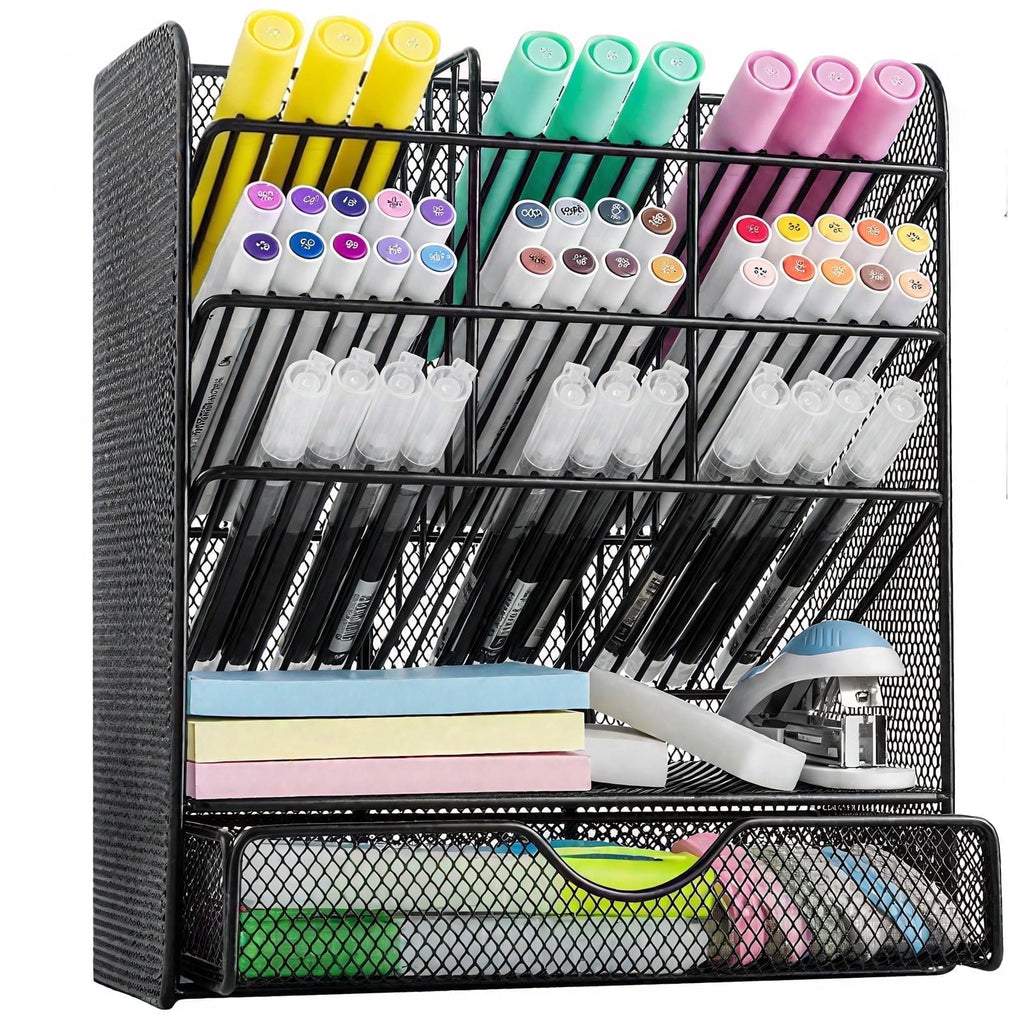 Metal Pen Organizer, Pencil Holder for Desk, Office Desktop Organizer with Drawer