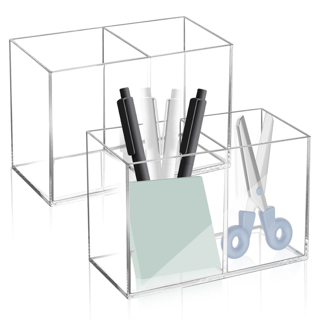 2Pcs Acrylic Pen Holder for Desk, 2 Compartments Clear Makeup Brush Holder Organizer, Pen Cup for Pencil Marker